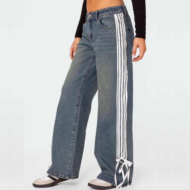 High Waist Washed Striped Bow Accent Straight-Fit Wide-Leg Jeans Product Image