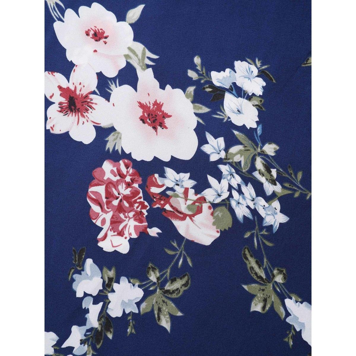 Plus Size Floral Belted Waist Ruffled Pockets Midi Dress DarkBlue Women Overlap Collar Cap Sleeve Curvy BloomChic 30/6X Product Image