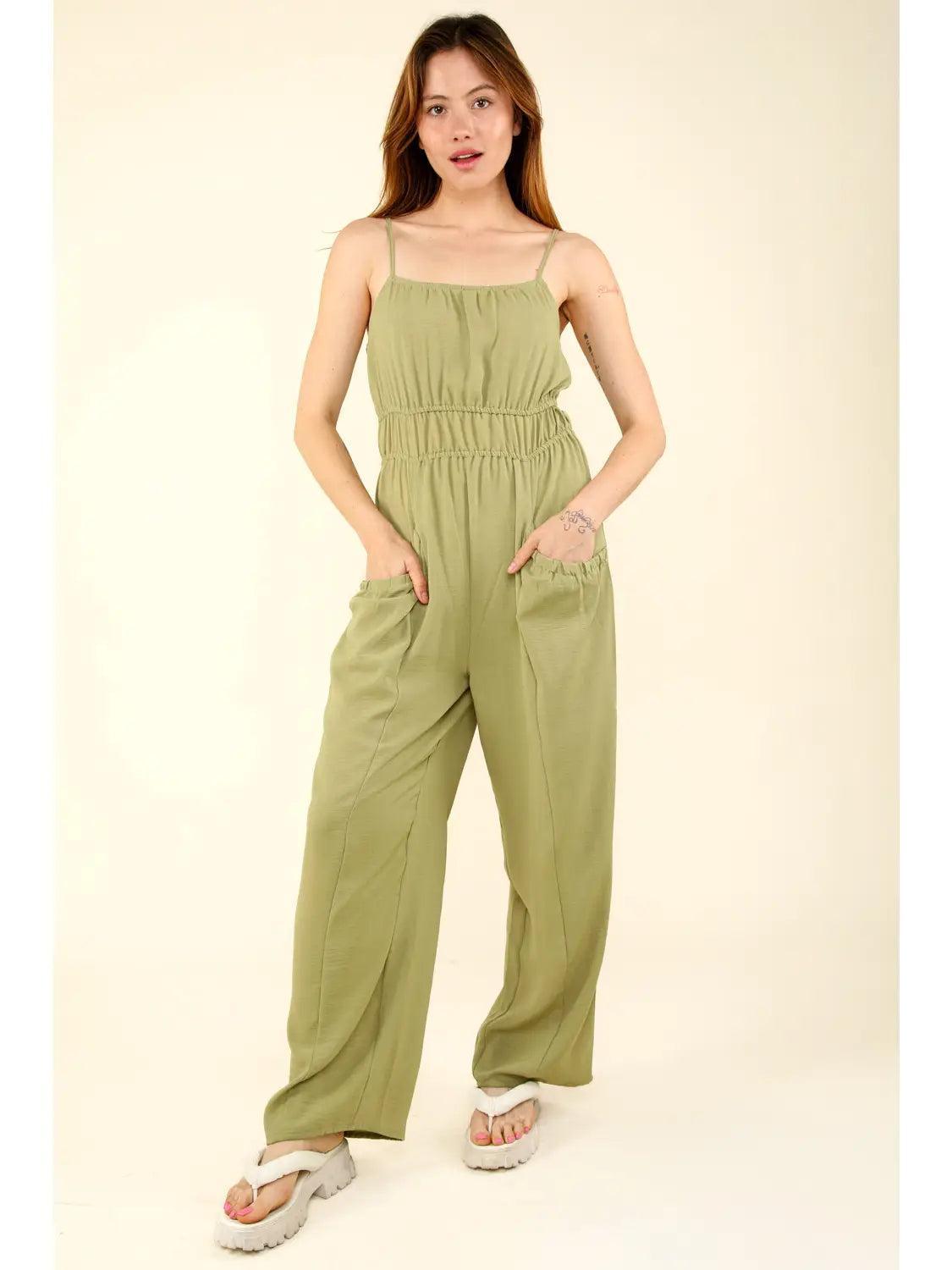Sage Front Pintuck Detail Solid Woven Jumpsuit Product Image