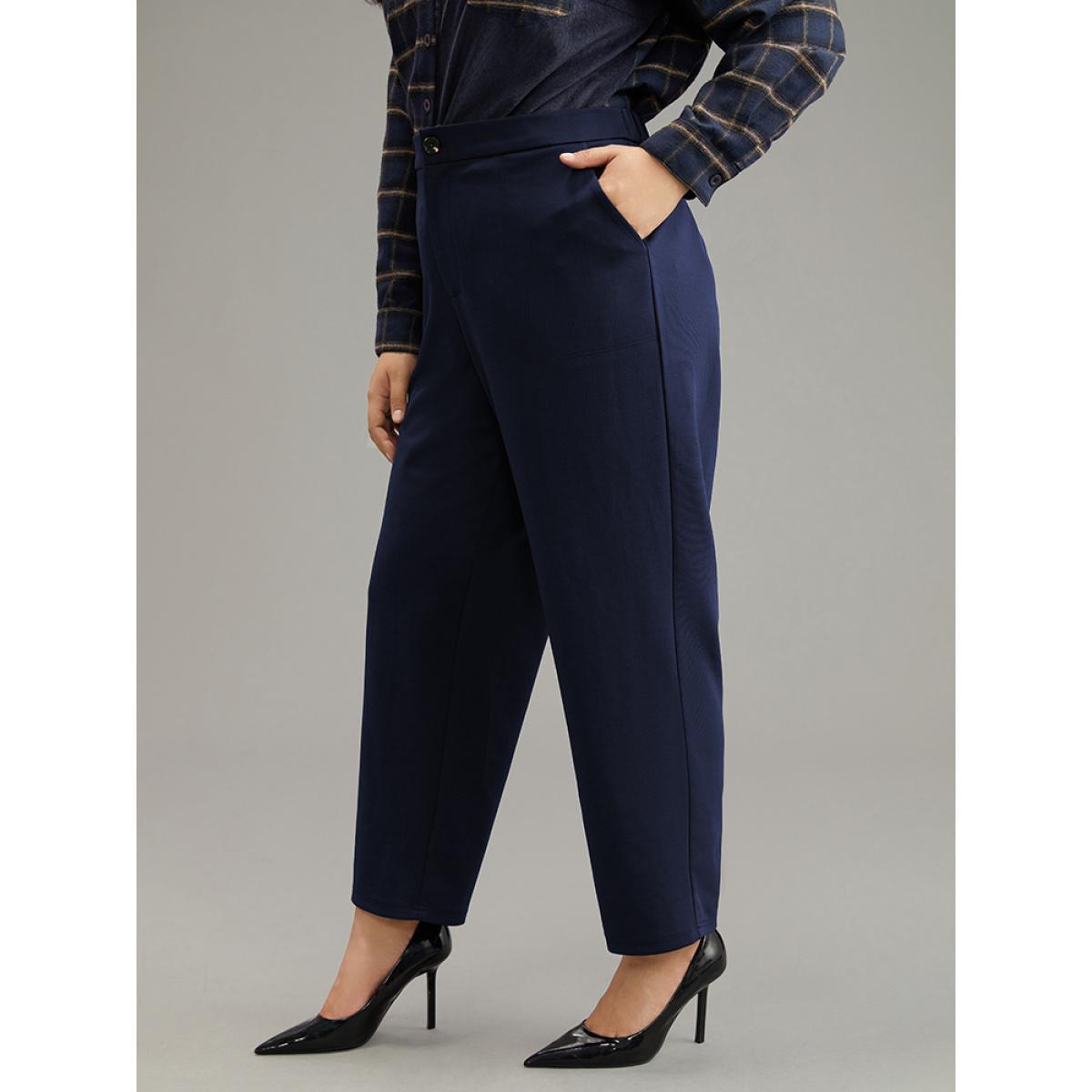 Plus Size Plain Elastic Waist Pocket Mid Rise Pants Women Indigo Office Mid Rise Work Pants BloomChic 30/6X Product Image