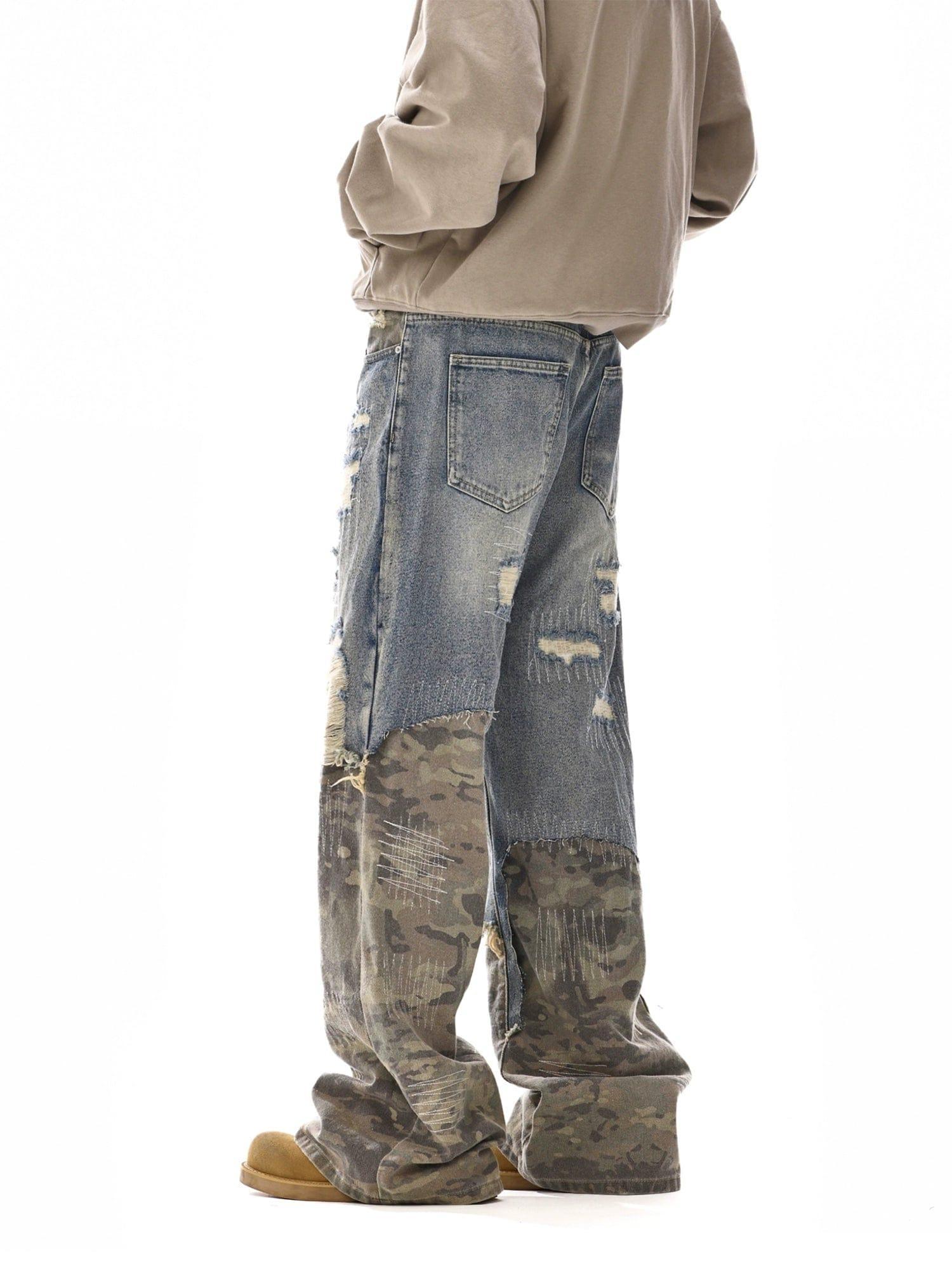 RT No. 12110 CAMO PATCH DISTRESSED DENIM JEANS Product Image
