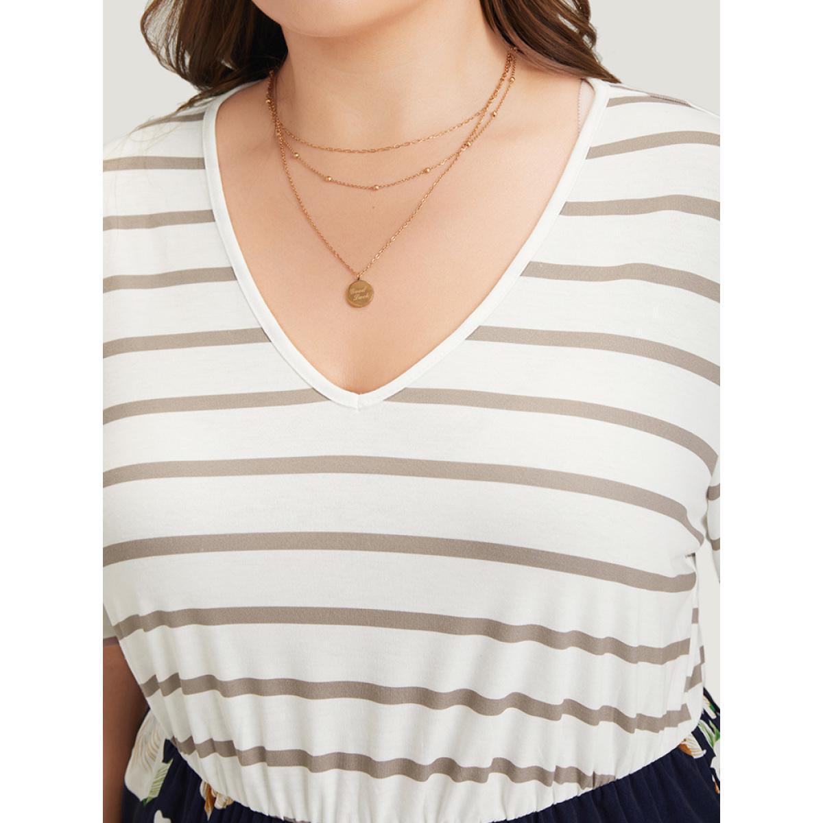 Plus Size DarkBlue Striped & Floral Patchwork Pocket Jumpsuit Women Elegant Short sleeve V-neck Dailywear Loose Jumpsuits BloomChic 28/5X Product Image
