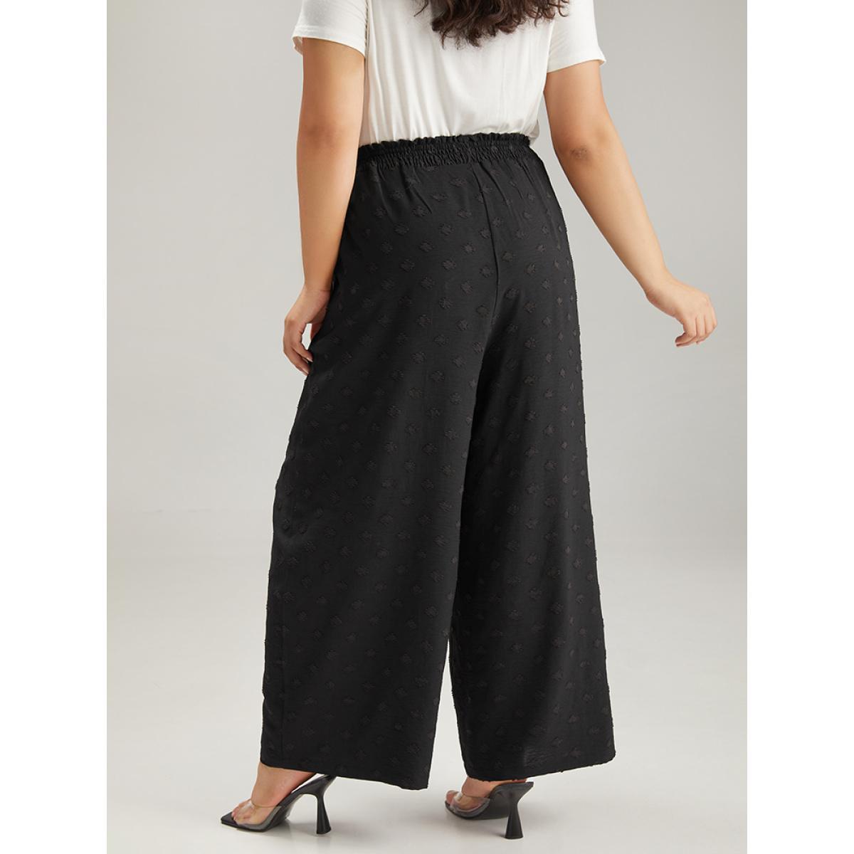 Plus Size Plain Textured Paperbag Waist Ties Pants Women Black Casual Straight Leg High Rise Dailywear Pants BloomChic 10/M Product Image