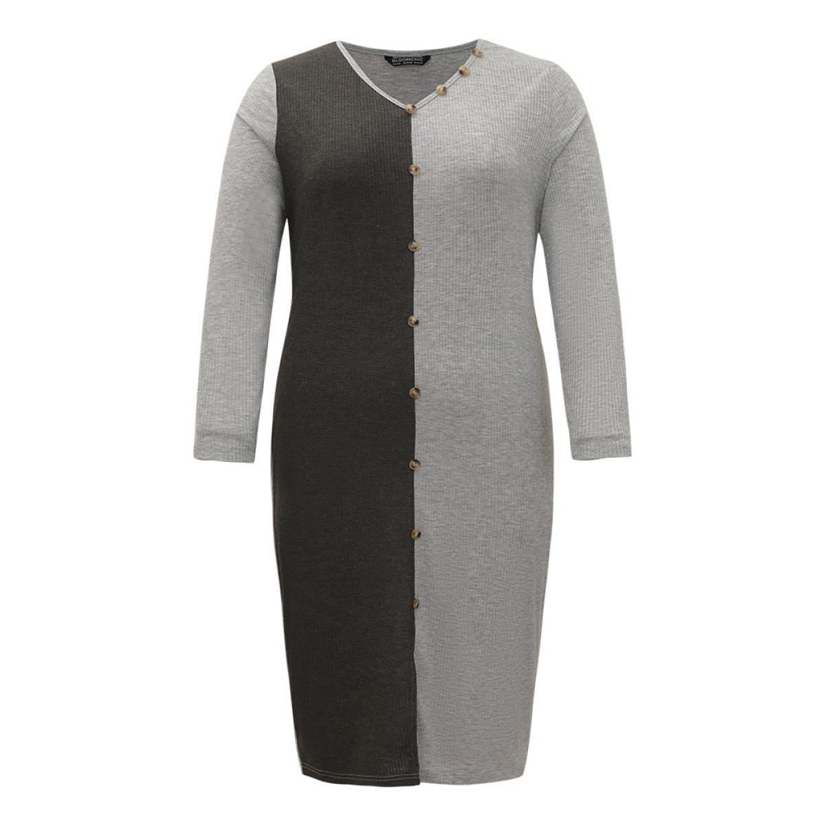 Plus Size Two Tone V Neck Button Detail Split Front Dress LightGray Women Casual Plain V-neck Half Sleeve Curvy Midi Dress BloomChic 18-20/2X Product Image