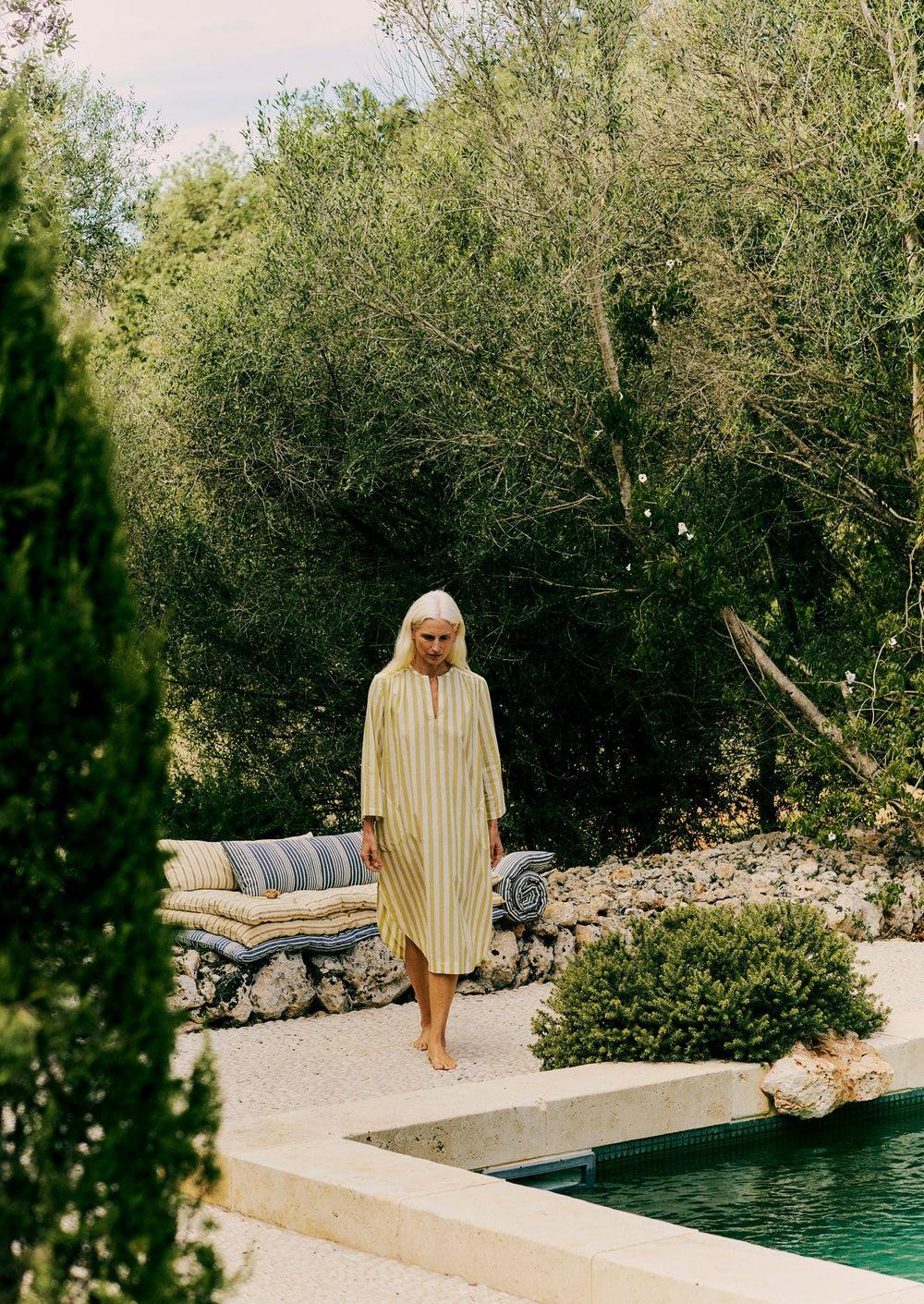 Canopy Stripe Organic Cotton Kaftan | Ecru/Washed Lime Product Image