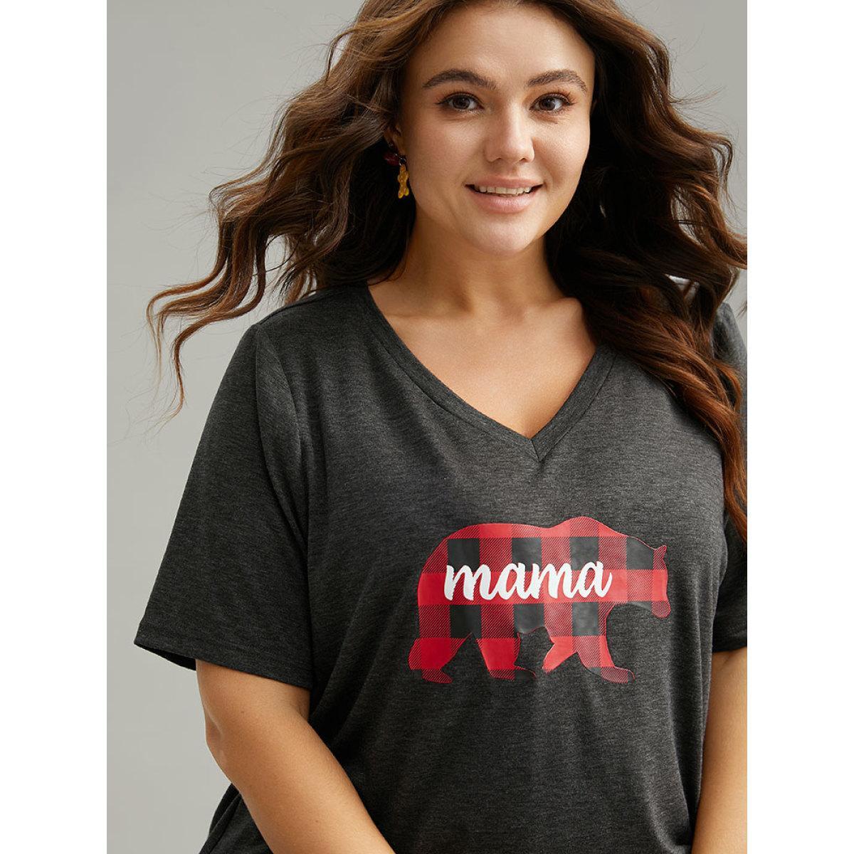 Plus Size Plaid Bear Patchwork Round Neck T-shirt DimGray Women Casual Printed Christmas Festival-Christmas T-shirts BloomChic 30/6X Product Image