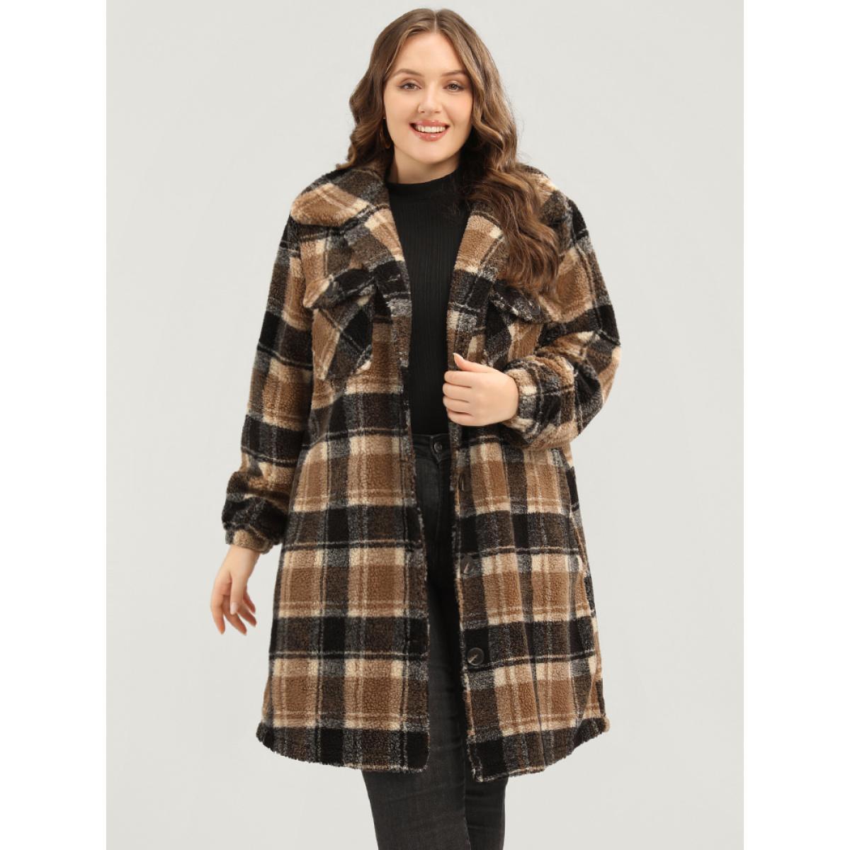 Plus Size Plaid Flap Pocket Button Up Teddy Coat Women Bronze Elegant Button Ladies Dailywear Winter Coats BloomChic 30/6X Product Image