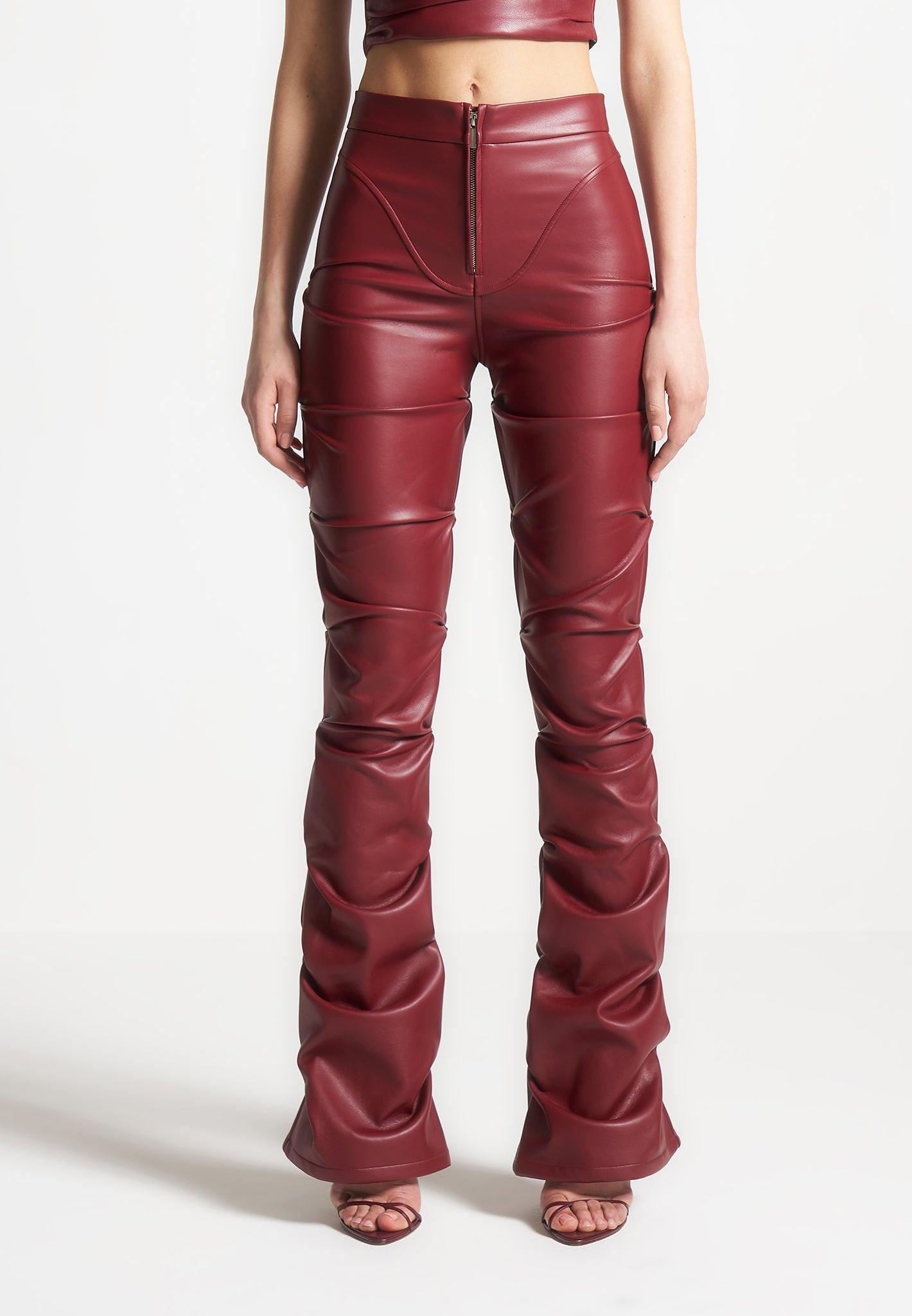 Caroline - Tacked Leather Flared Trousers - Wine Red Female Product Image
