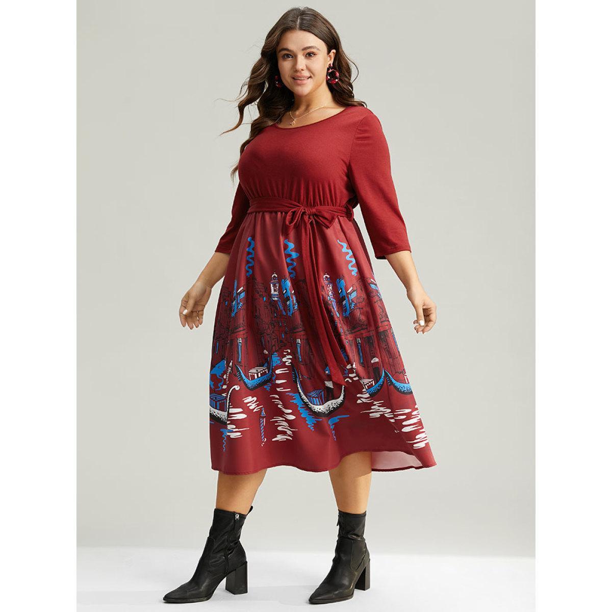 Plus Size Boho Print Patchwork Belted Gathered Dress Scarlet Women Office Printed Round Neck Elbow-length sleeve Curvy Midi Dress BloomChic 30/6X Product Image