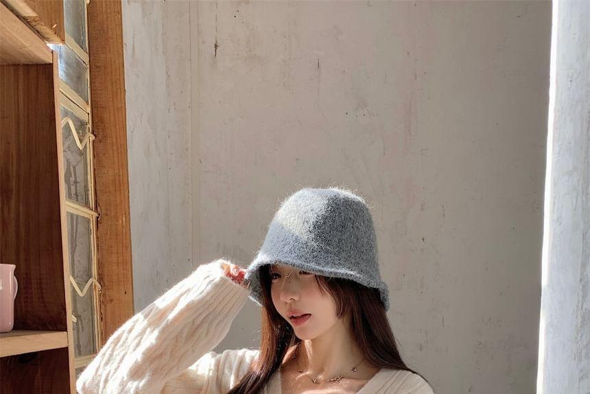 V-Neck Plain Cable Knit Cardigan Product Image