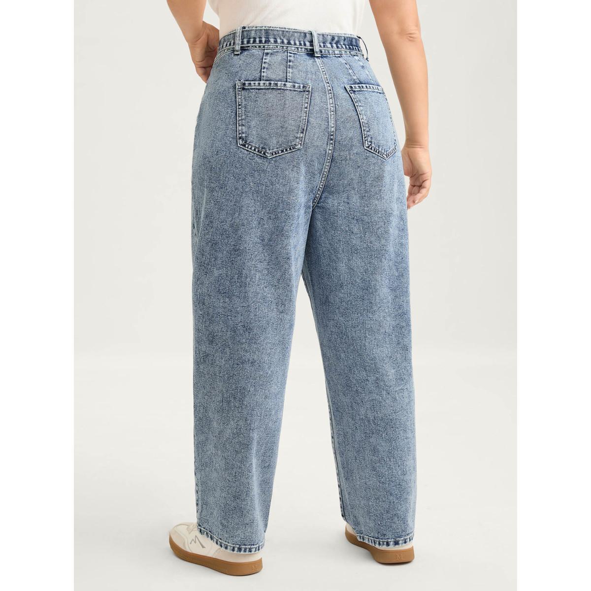 Plus Size Waist Belted Pockets Boyfriend Jeans Women Midblue Low stretch Slanted pocket Jeans BloomChic 14/1X Product Image