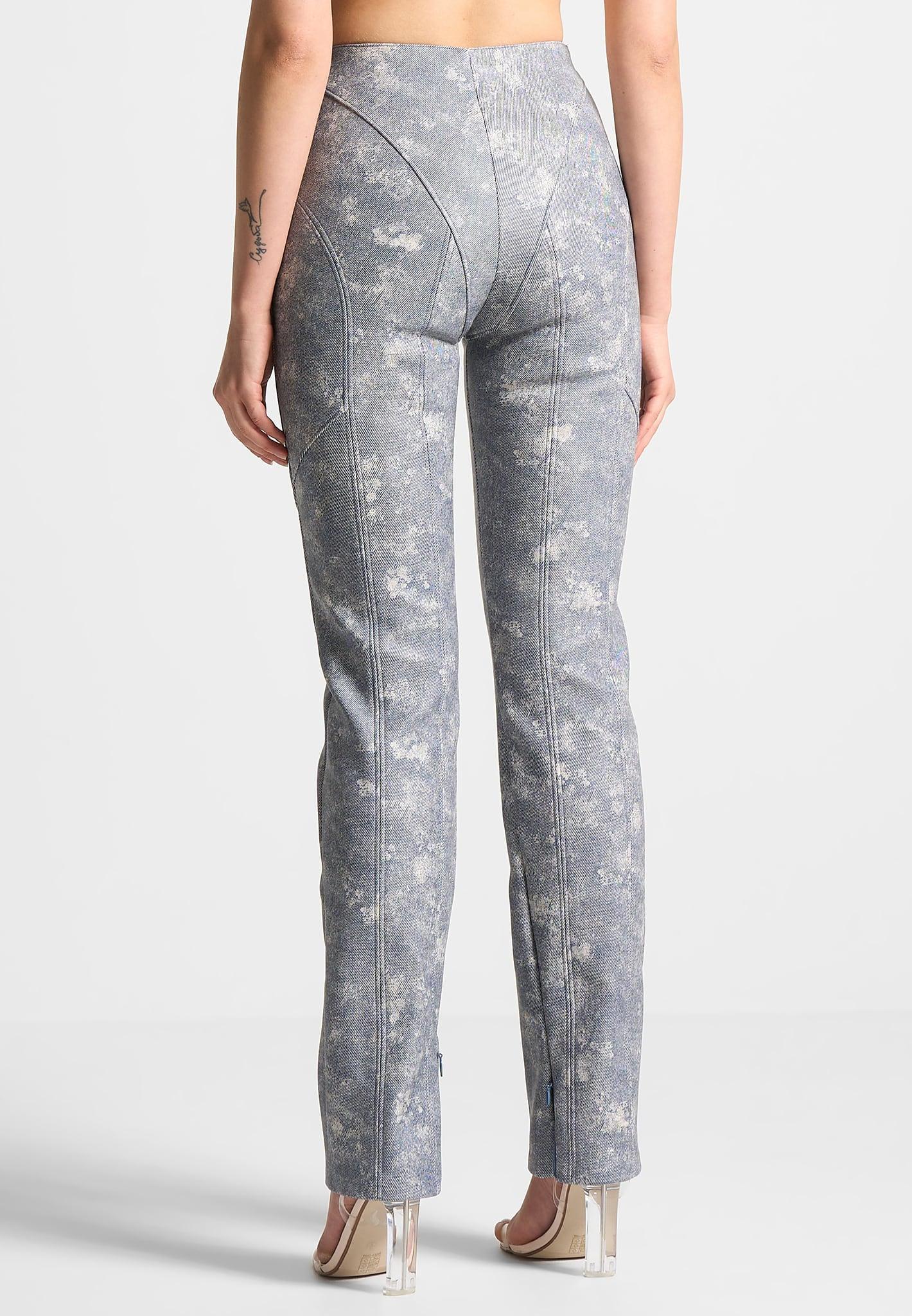 Leather Denim Effect Straight Leg Trousers - Blue Female Product Image