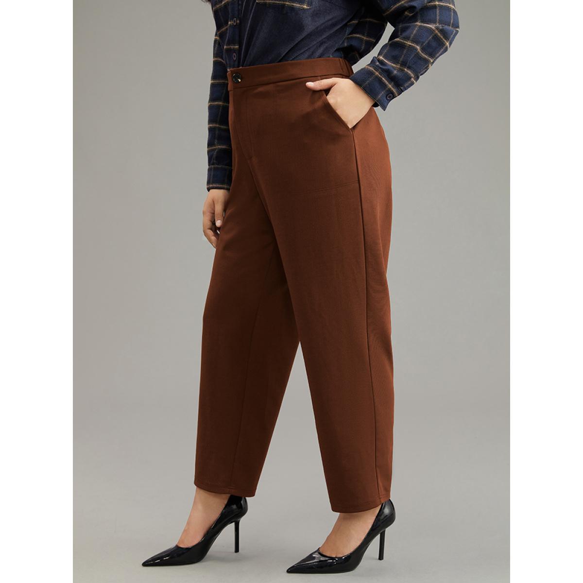 Plus Size Plain Elastic Waist Pocket Mid Rise Pants Women DarkBrown Office Mid Rise Work Pants BloomChic 10/M Product Image