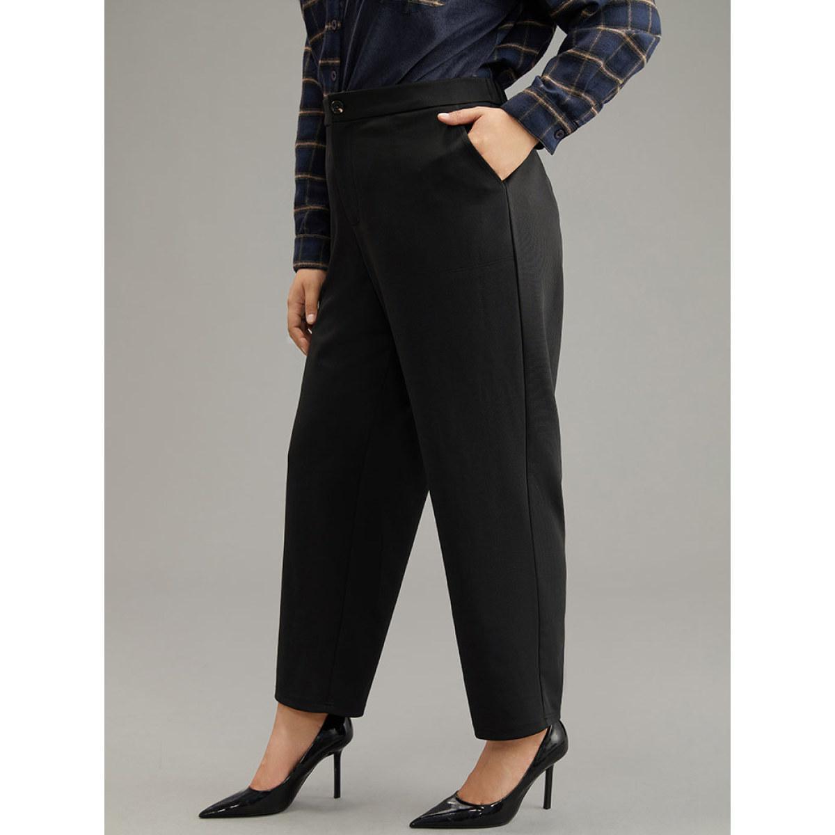 Plus Size Plain Elastic Waist Pocket Mid Rise Pants Women Black Office Mid Rise Work Pants BloomChic 22-24/3X Product Image