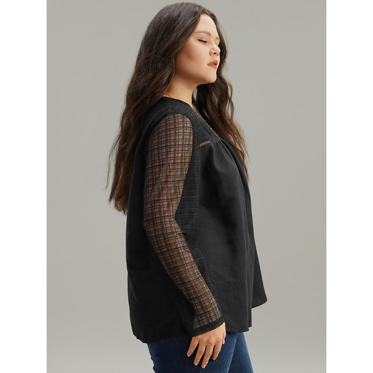 Plus Size Black Solid Keyhole Mesh Plicated Detail Blouse Women Glamour Long Sleeve Round Neck Going out Blouses BloomChic 10/M Product Image