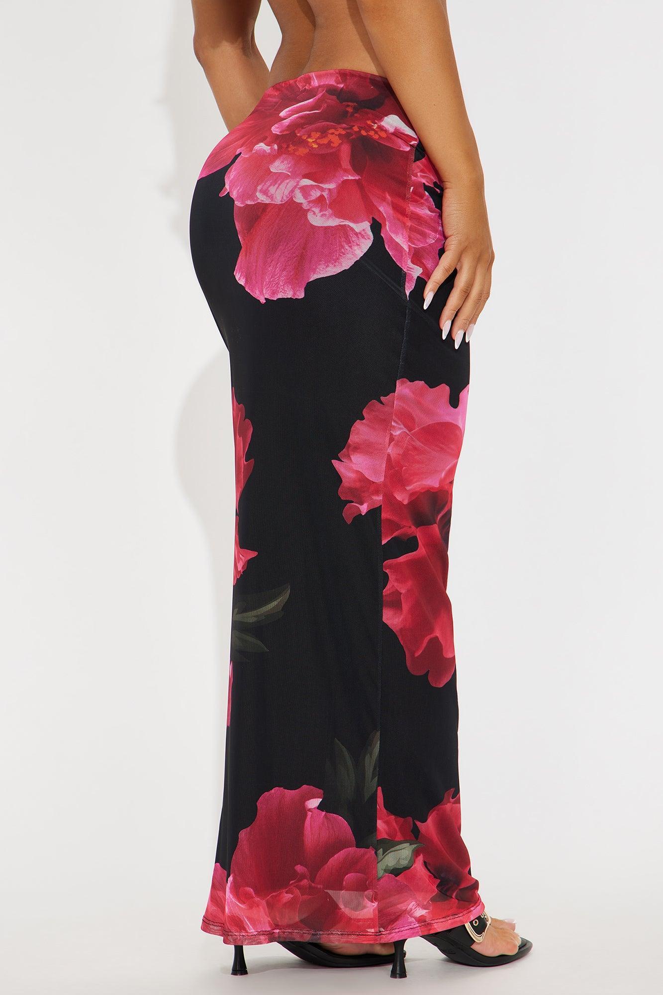 Dark Romance Floral Mesh Maxi Skirt - Black/Pink Product Image