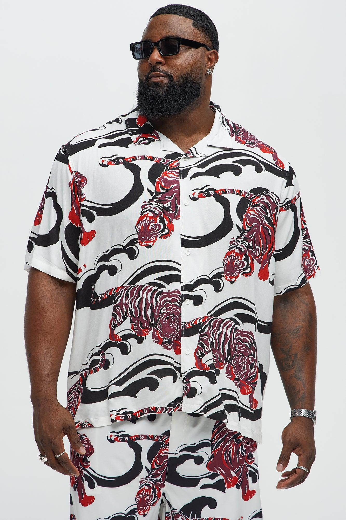 Tiger Waves Cuban Collar Button Up Shirt - White/combo Product Image