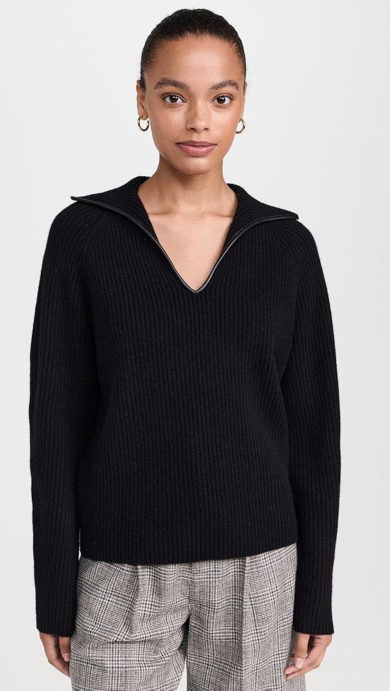 Vince Leather Trim Ribbed Polo Sweater | Shopbop Product Image