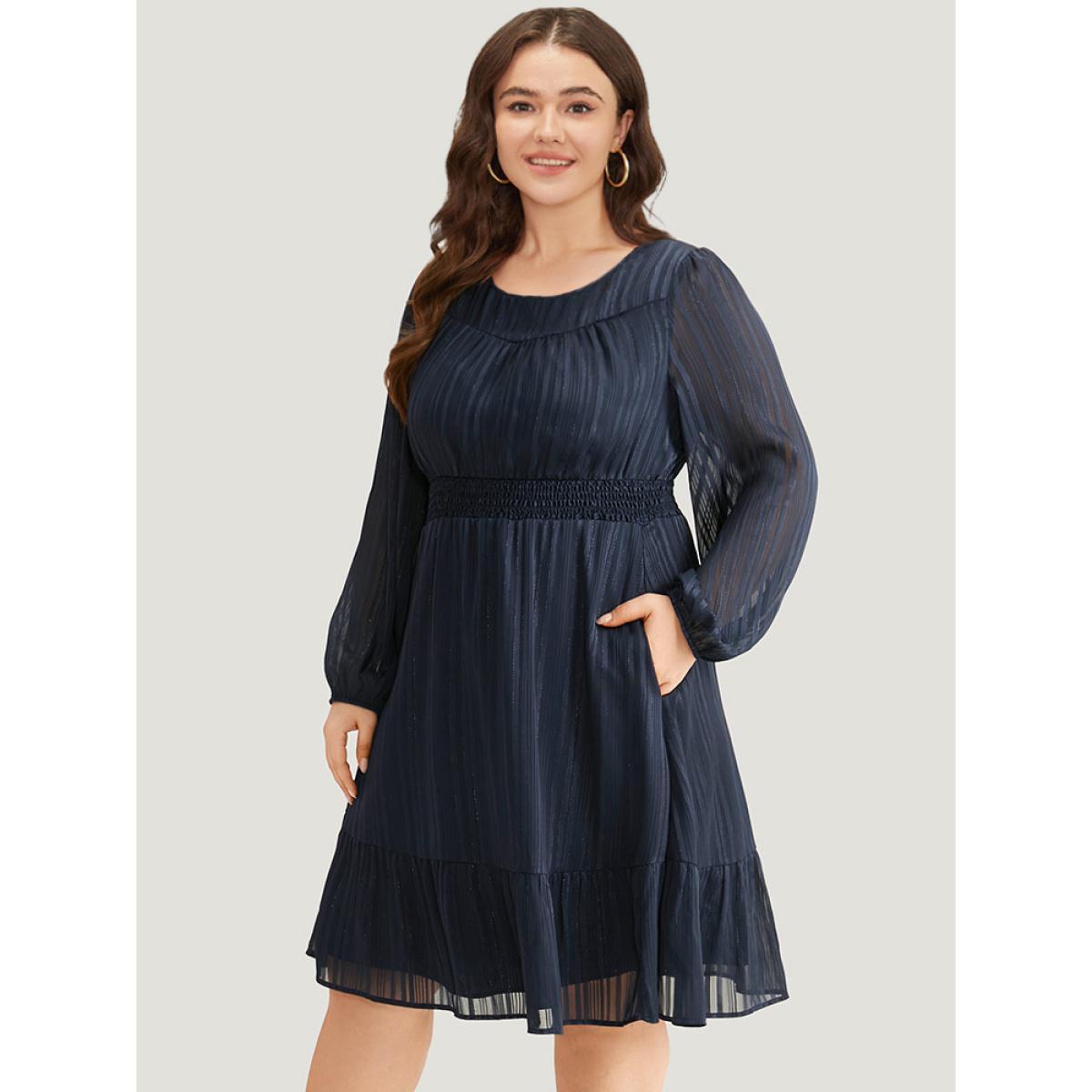 Plus Size Plisse Shirred Pocket Lantern Sleeve Dress DarkBlue Women Elegant Elastic cuffs Round Neck Long Sleeve Curvy Midi Dress BloomChic 28/5X Product Image