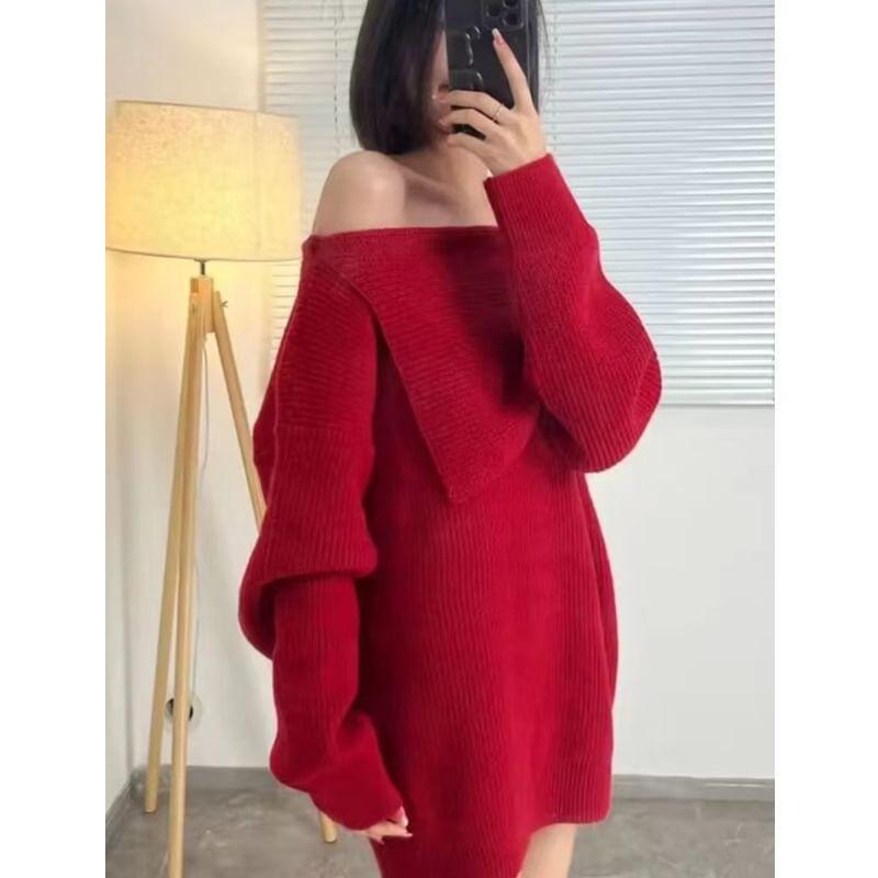 Off Shoulder Plain Mini Sweater Dress Product Image