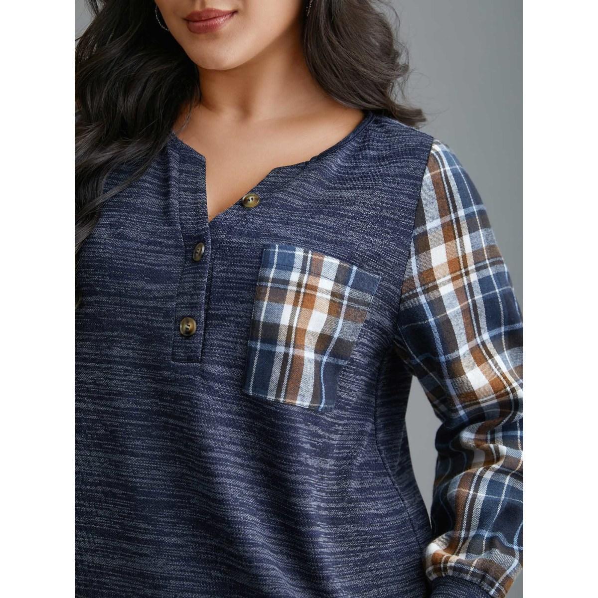 Plus Size Plaid Sleeve Button Up Patchwork Sweatshirt Women Indigo Casual Contrast Notched collar Everyday Sweatshirts BloomChic 14-16/1X Product Image