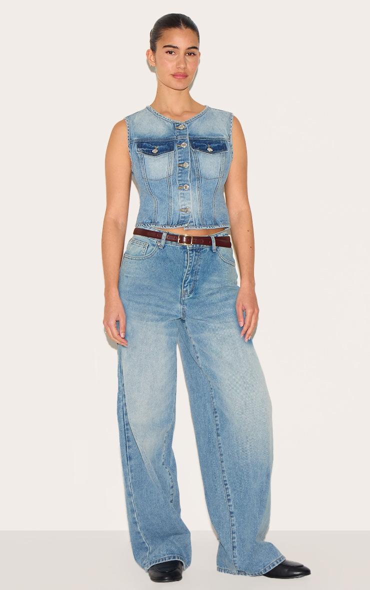 Mid Blue Wash Round Neck Sleeveless Denim Crop Top Product Image