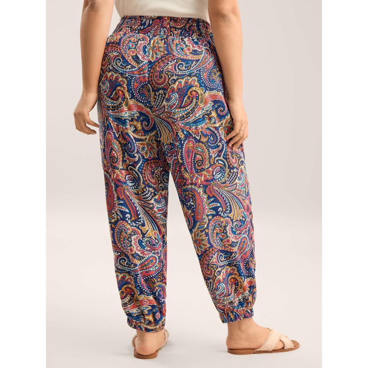 Plus Size Paisley Print Shirred Waist Jogger Pants Women Indigo Beach Bodycon Mid Rise Vacation Pants BloomChic 28/5X Product Image