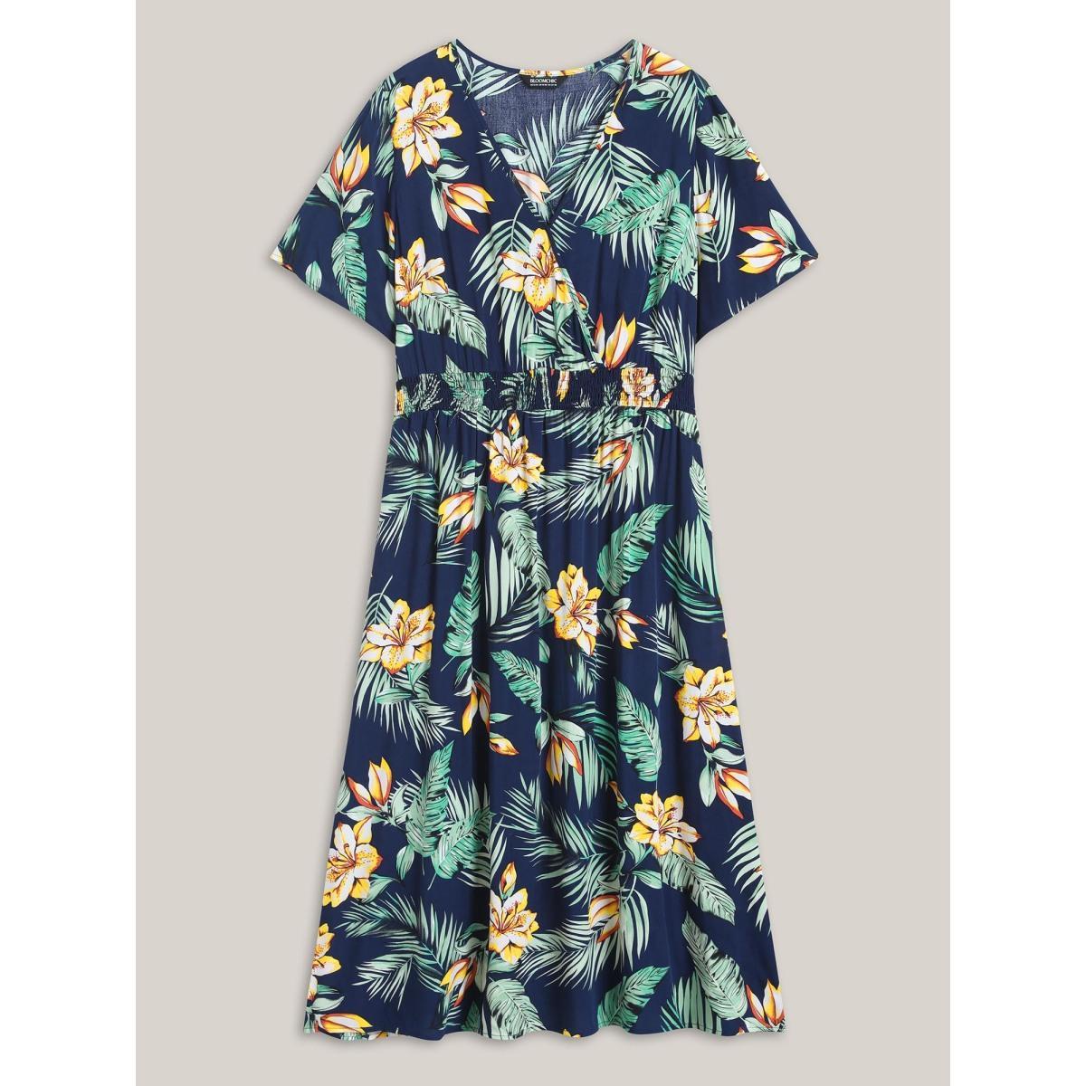 Plus Size Tropical Floral Print Shirred Waist Midi Dress DarkBlue Women Overlap Collar Short sleeve Curvy BloomChic 22-24/3X Product Image