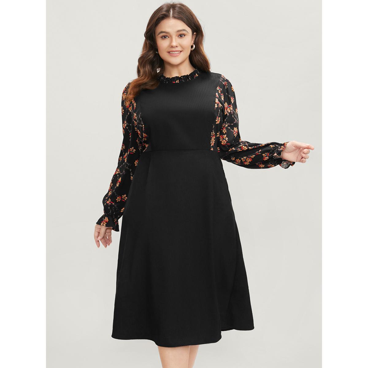 Plus Size Floral Patchwork Ruffle Trim Pocket Zipper Dress Black Women Elegant Zipper Stand-up collar Long Sleeve Curvy Midi Dress BloomChic 14-16/1X Product Image