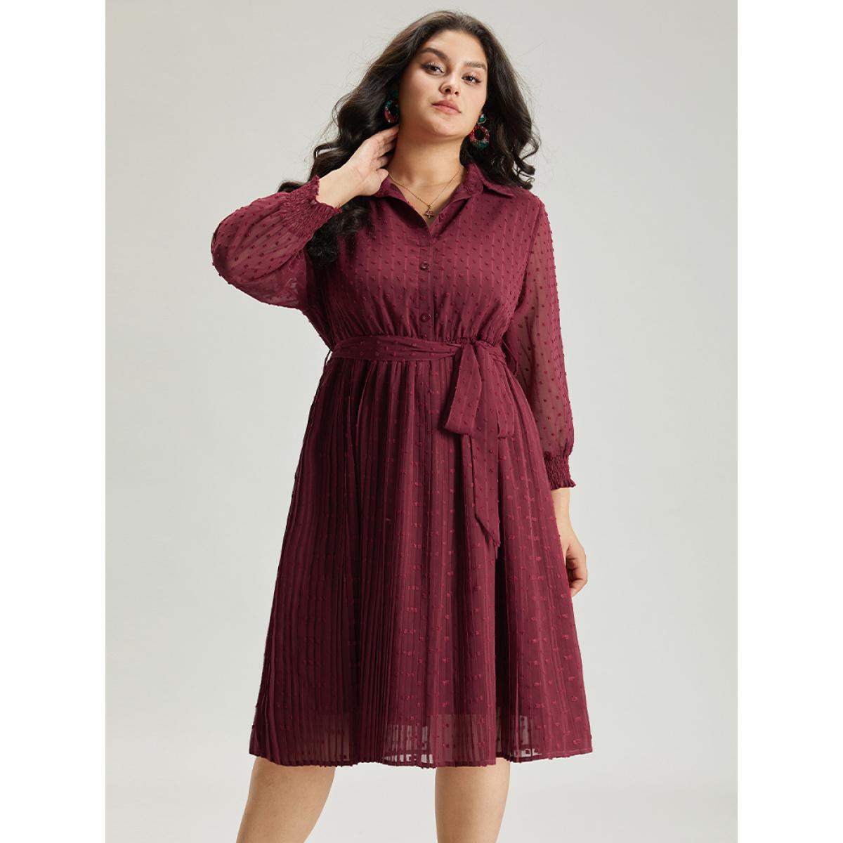 Plus Size Plain Textured Shirt Collar Gathered Belted Dress Scarlet Women Office Elastic cuffs Shirt collar Long Sleeve Curvy Midi Dress BloomChic 14-16/1X Product Image