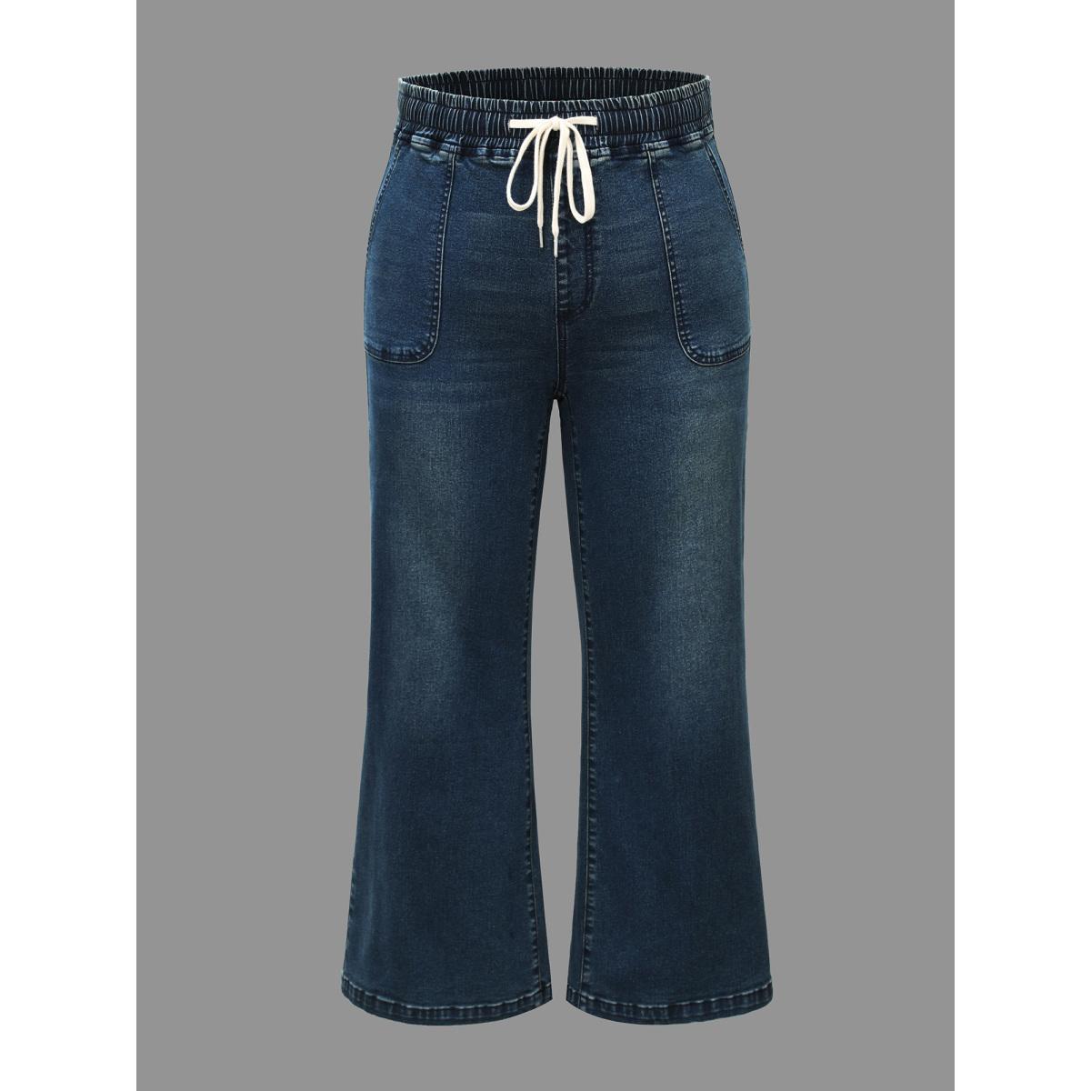 Plus Size Drawstring Stretchy Waist Pocket Jeans Women Denimindigo Casual Drawstring Medium stretch Slanted pocket Jeans BloomChic 26/4X Product Image
