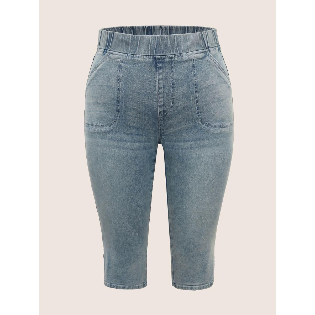 Plus Size Vintage Elastic Waist Split Side Pull-on Jegging Jeans Women Denimblue Casual Slit High stretch Patch pocket Jeans BloomChic 24/3X Product Image
