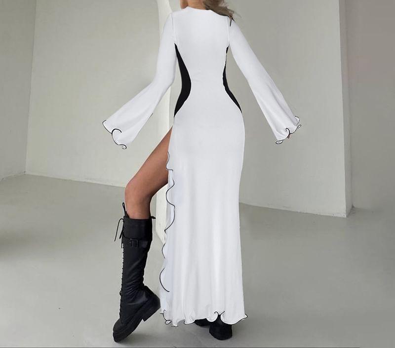 Long-Sleeve Scoop Neck Two Tone Ruffle Trim Slit Midi Sheath Dress Product Image
