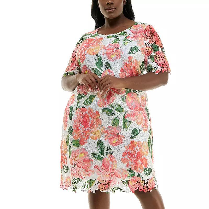 Plus Size Nina Leonard Elbow Sleeve Lace Print Dress, Women's, Size: 2XL, Bright Blue Team Product Image