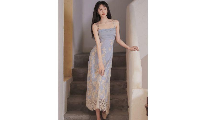 Spaghetti Strap Floral Lace Midi A-Line Dress / Plain Crop Light Jacket / Set Product Image