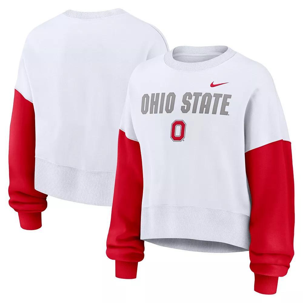 Women's Nike White Ohio State Buckeyes Color-Block Oversized Cropped Pullover Sweatshirt, Size: XXL Product Image