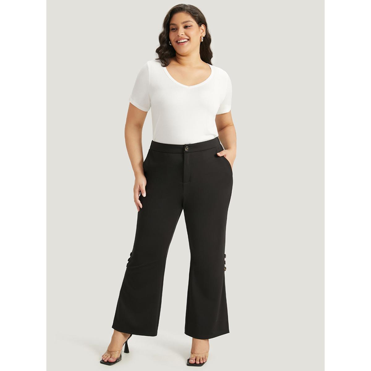 Plus Size Plain Button Detail Elastic Waist Mesh Patchwork Pants Women Black Elegant Bootcut High Rise Dailywear Pants BloomChic 10/M Product Image