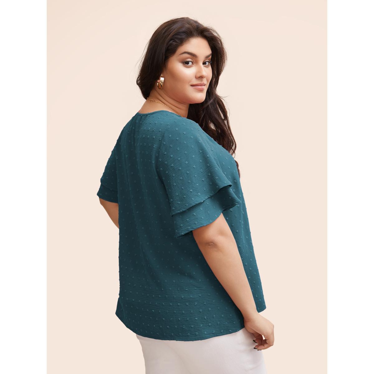 Plus Size Cerulean Plain Ruffle Tiered Sleeve V Neck Polka Dot Blouse Women Elegant Short sleeve V-neck Everyday Blouses BloomChic 18-20/2X Product Image