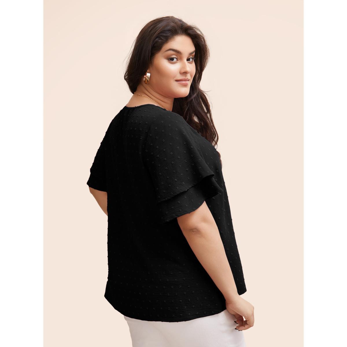 Plus Size Black Plain Ruffle Tiered Sleeve V Neck Polka Dot Blouse Women Elegant Short sleeve V-neck Everyday Blouses BloomChic 30/6X Product Image