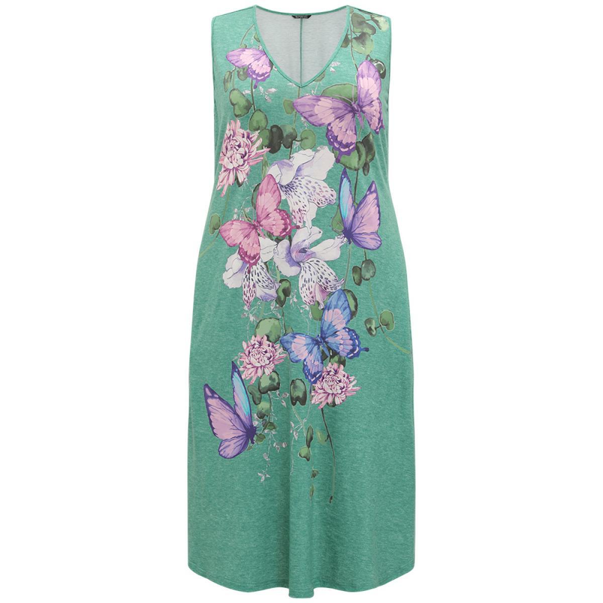 Plus Size Floral & Butterfly Print V Neck Pocket Tank Dress Mint Women Casual Printed V-neck Sleeveless Curvy Midi Dress BloomChic 14-16/1X Product Image