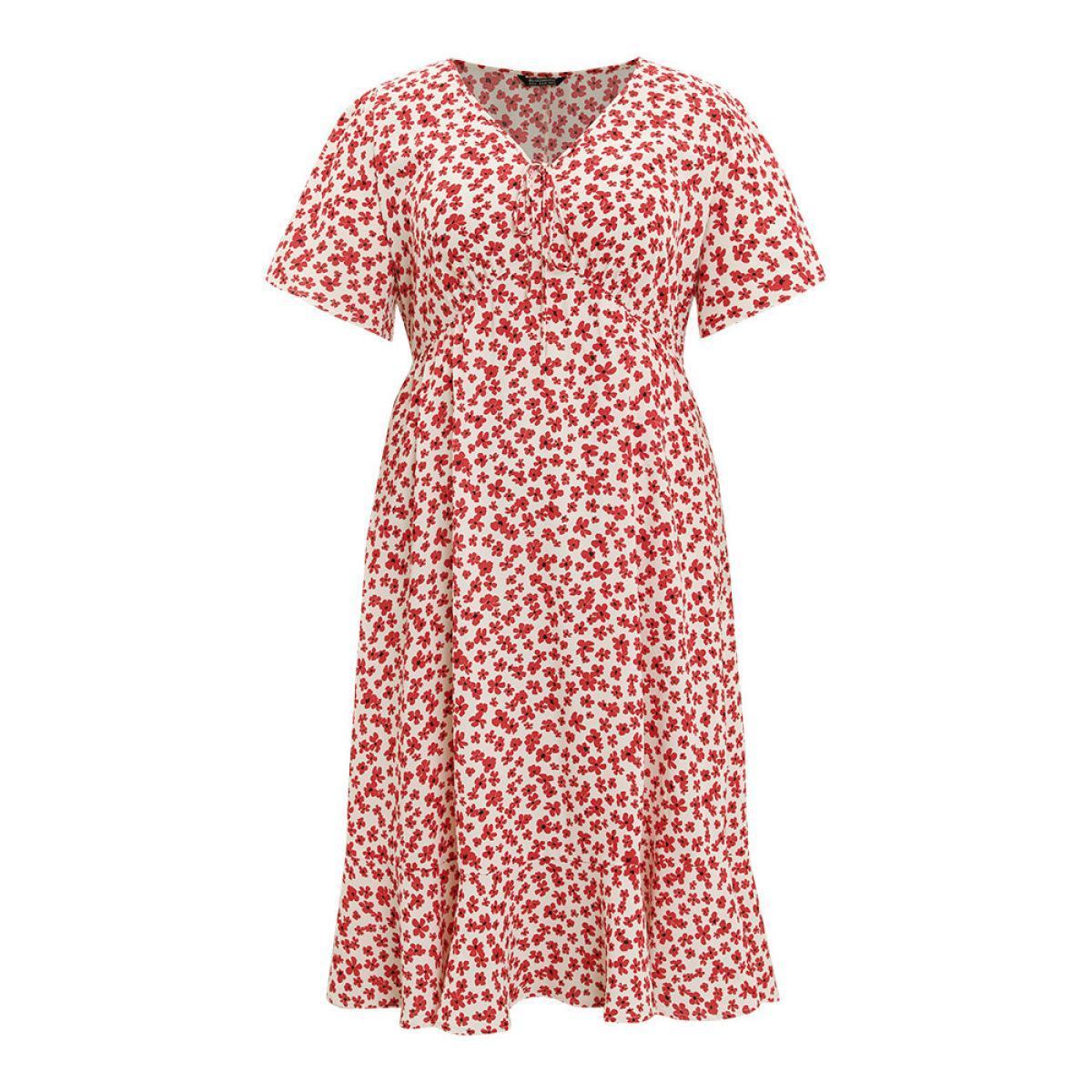 Plus Size Ditsy Floral Knot Front Pocket Ruffle Hem Dress Red Women Elegant Knotted V-neck Short sleeve Curvy Midi Dress BloomChic 26/4X Product Image