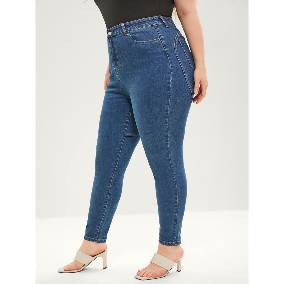 Plus Size Skinny Very Stretchy Mid Rise Medium Wash Patchwork Jeans Women Blue Casual Plain Patchwork High stretch Pocket Jeans BloomChic 30/6X Product Image