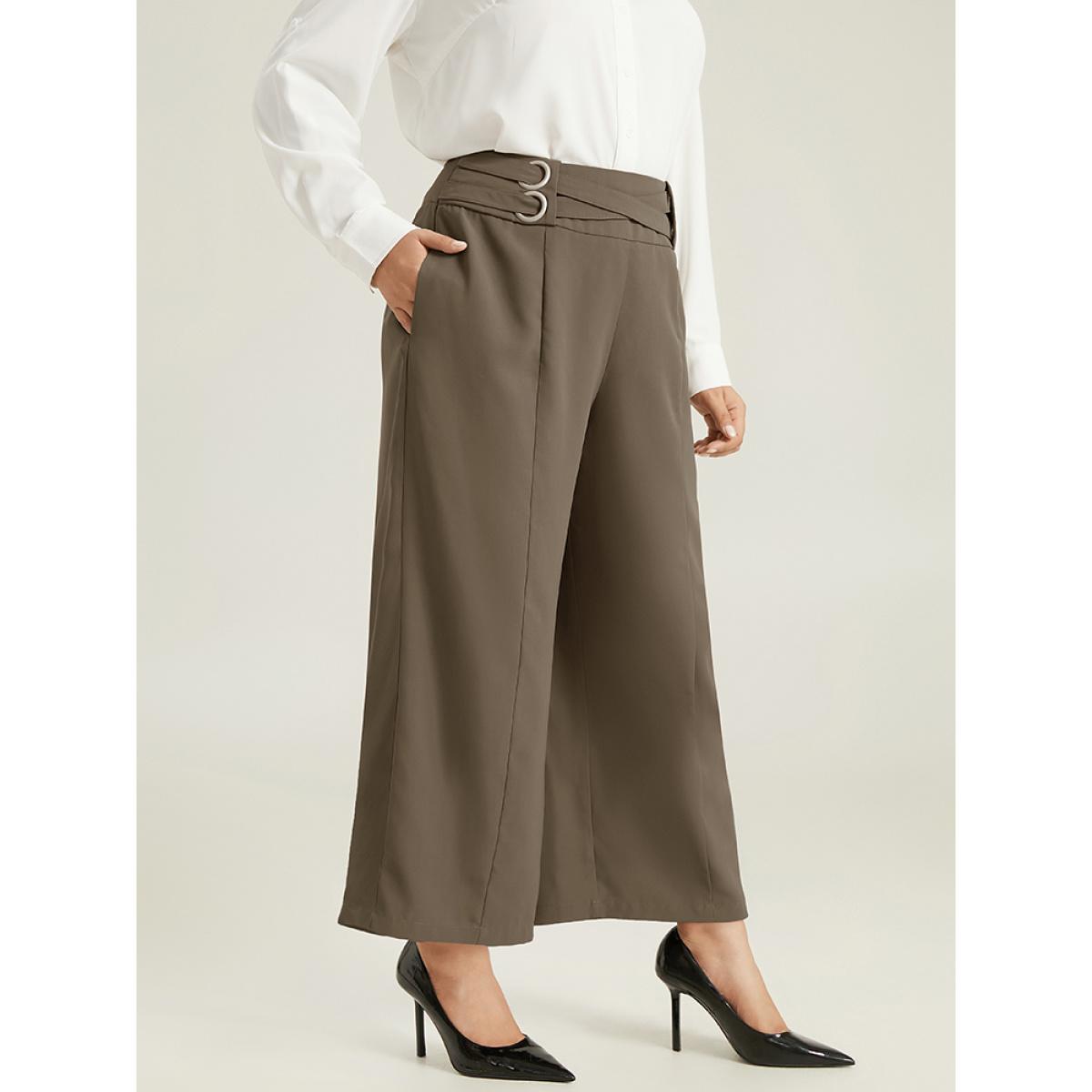 Plus Size Anti-Wrinkle High Rise Control Metal Detail Pants Women DarkBrown Office Wide Leg High Rise Work Pants BloomChic 18-20/2X Product Image