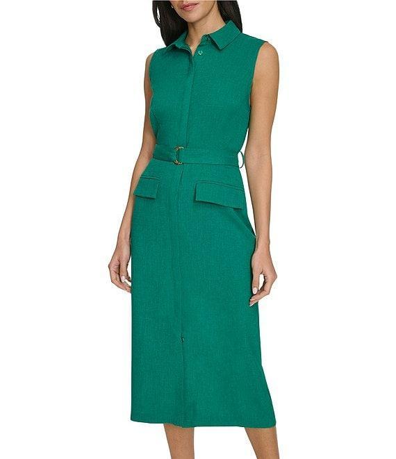 Calvin Klein Collared Neck Sleeveless Belted Crosshatch Crepe Sheath Midi Dress Product Image