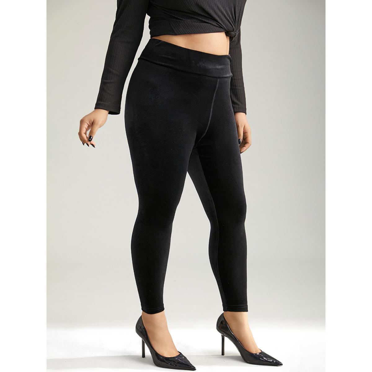 Plus Size Plain Velvet Elastic Waist Skinny Leggings Women Black Glamour High stretch Skinny High Rise Festival-Christmas Leggings BloomChic 12/L Product Image
