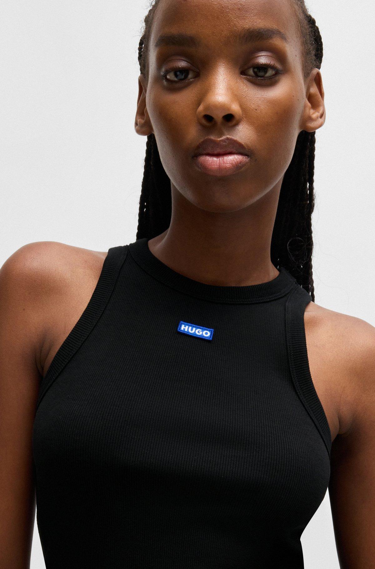 HUGO - Slim-fit stretch-cotton top with blue logo badge - Black Product Image