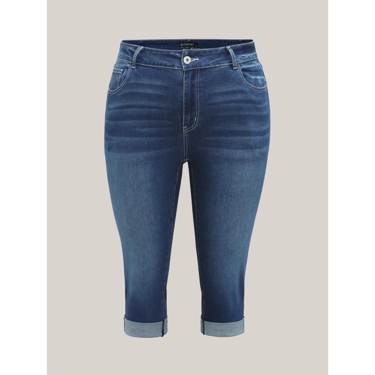 Plus Size Whiskered Wash Crop Skinny-Fit Jeans Women Midblue Medium stretch Slanted pocket Jeans BloomChic 22/3X Product Image