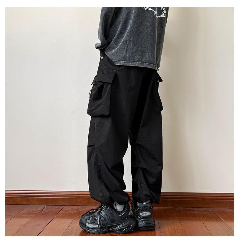 Drawstring Waist Plain Wide Leg Cargo Pants Product Image