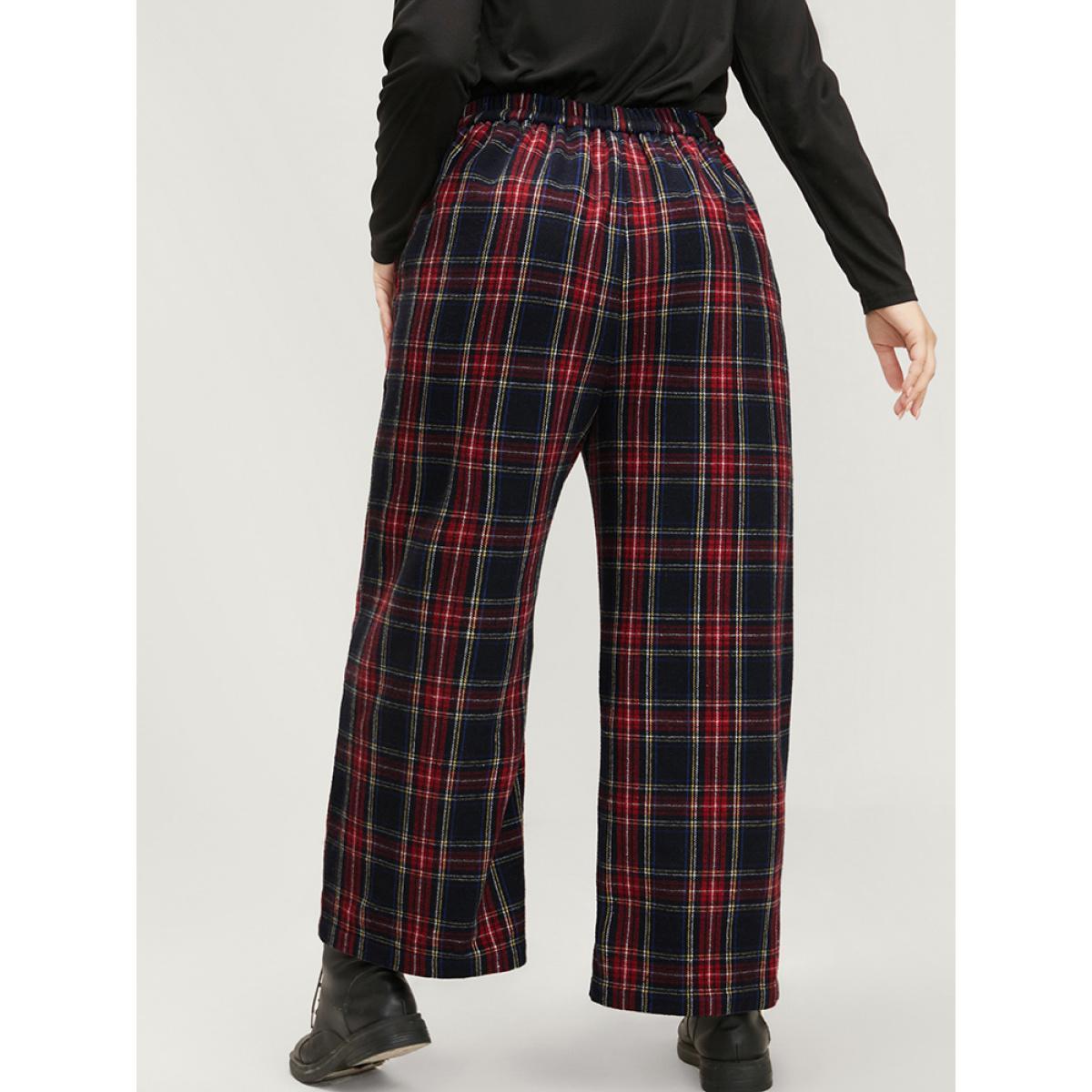 Plus Size Plaid Elastic Waist Pocket High Rise Pants Women Black Elegant High Rise Dailywear Pants BloomChic 26/4X Product Image