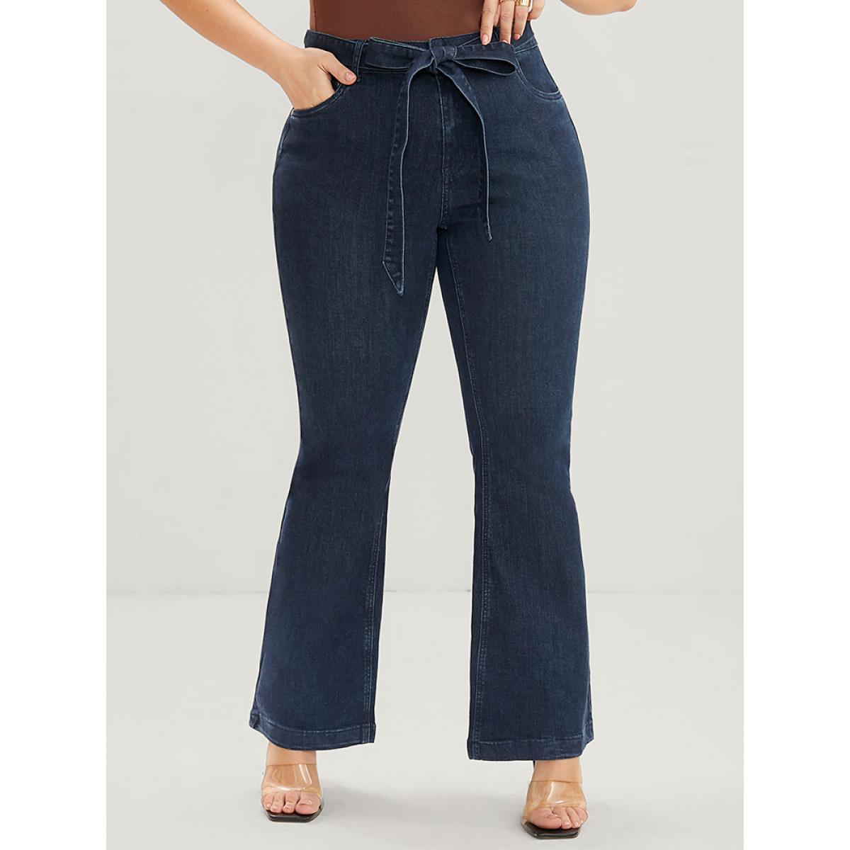 Plus Size Bootcut Slightly Stretchy High Rise Dark Wash Belted Jeans Women Indigo Elegant Plain Plain Low stretch Pocket Jeans BloomChic 22/3X Product Image